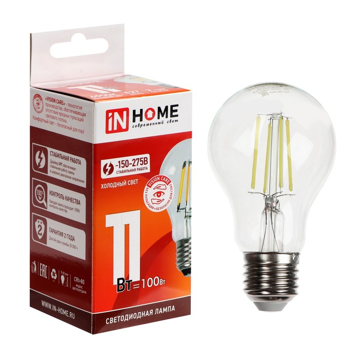 Лампа светодиодная IN HOME LED-A60-deco, 11 Вт, 230 В, Е27, 6500 К, 1160 Лм, прозрачная лампа светодиодная in home led шар deco 7 вт 230 в е27 4000 к 810 лм прозрачная