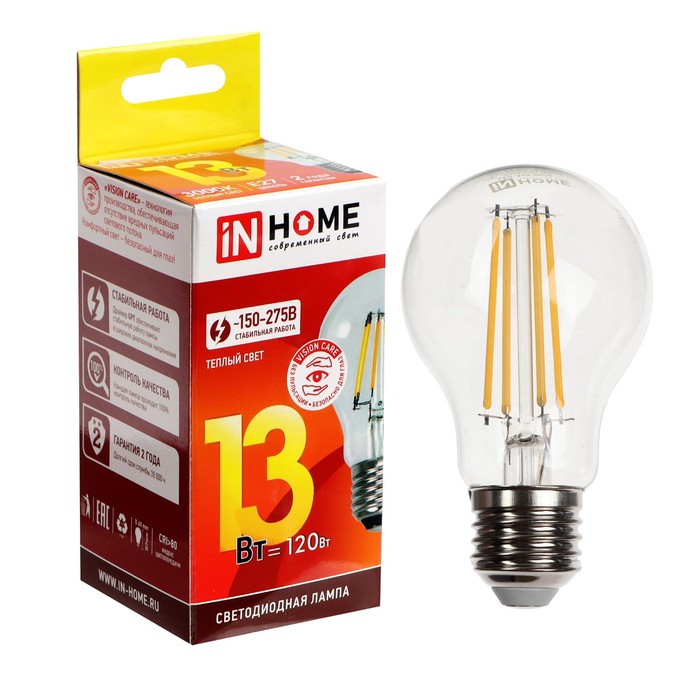 Лампа светодиодная IN HOME LED-A60-deco, 13 Вт, 230 В, Е27, 3000 К, 1370 Лм, прозрачная