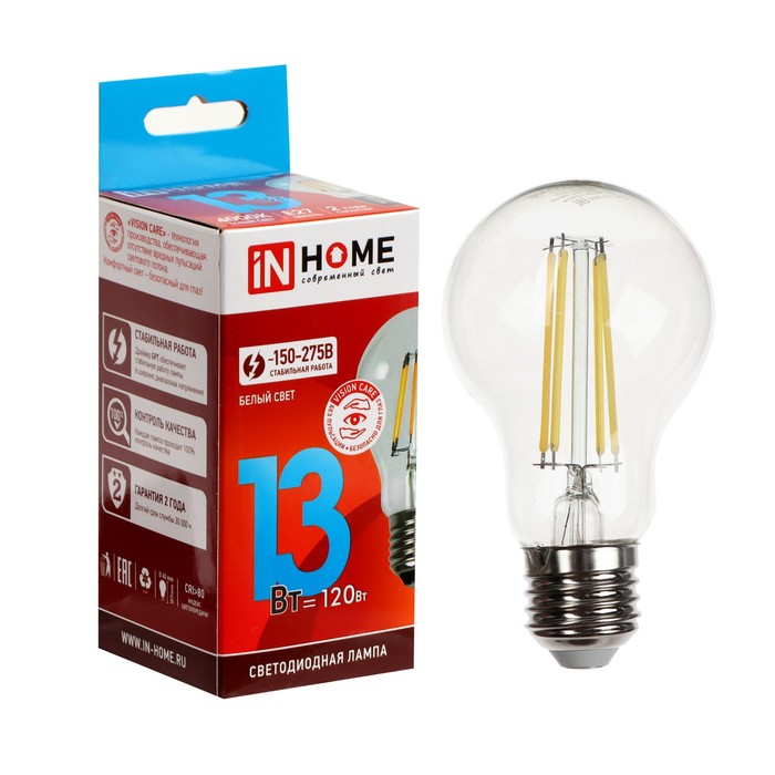 Лампа светодиодная IN HOME LED-A60-deco, 13 Вт, 230 В, Е27, 4000 К, 1370 Лм, прозрачная