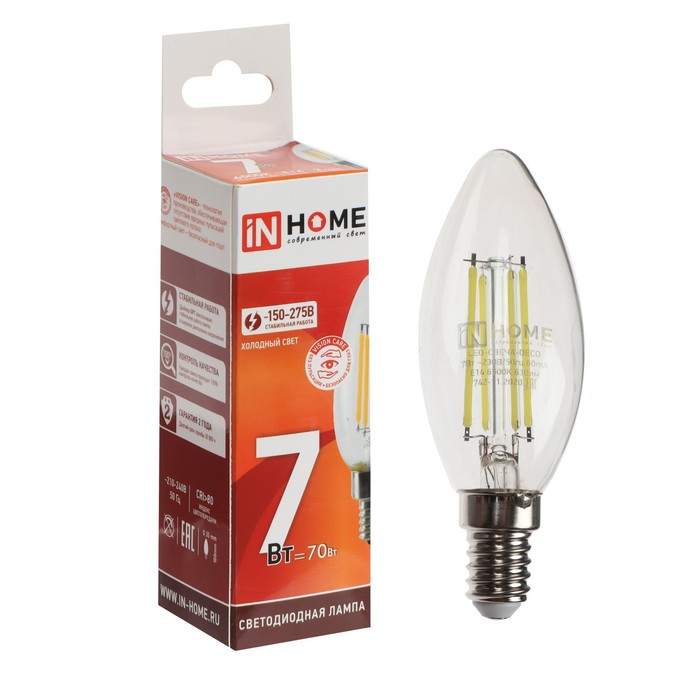 Лампа светодиодная IN HOME LED-СВЕЧА-deco, 7 Вт, 230 В, Е14, 6500 К, 630 Лм, прозрачная