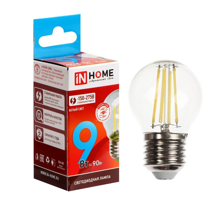 Лампа светодиодная IN HOME LED-ШАР-deco, 9 Вт, 230 В, Е27, 4000 К, 1040 Лм, прозрачная лампа светодиодная in home led шар deco 7 вт 230 в е27 4000 к 810 лм прозрачная