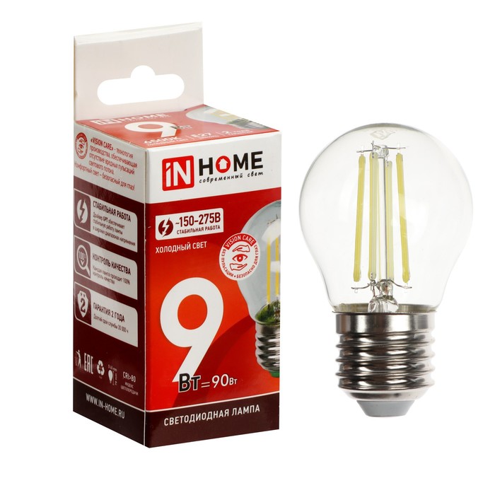 Лампа светодиодная IN HOME LED-ШАР-deco, 9 Вт, 230 В, Е27, 6500 К, 1040 Лм, прозрачная