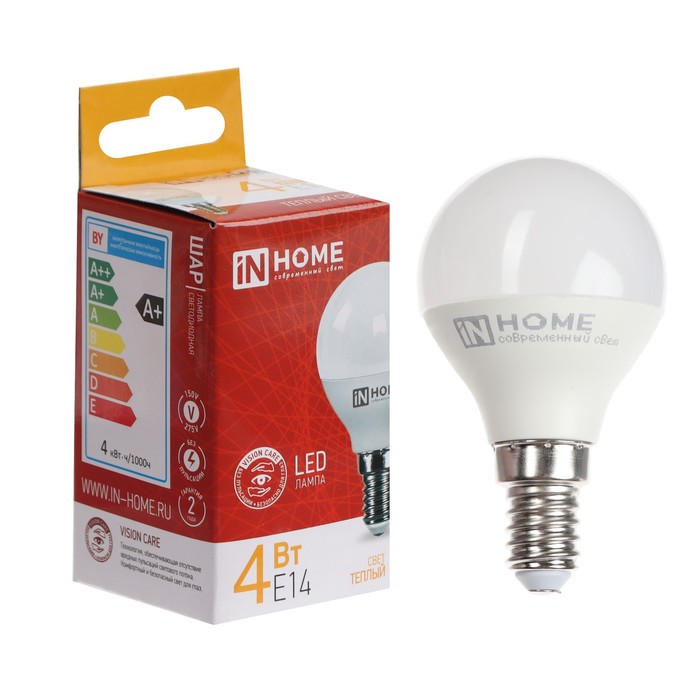 Лампа светодиодная IN HOME LED-ШАР-VC, 4 Вт, 230 В, Е14, 3000 К, 380 Лм светодиодные inhome лампа светодиодная in home led свеча vc е14 8 вт 230 в 4000 к 720 лм