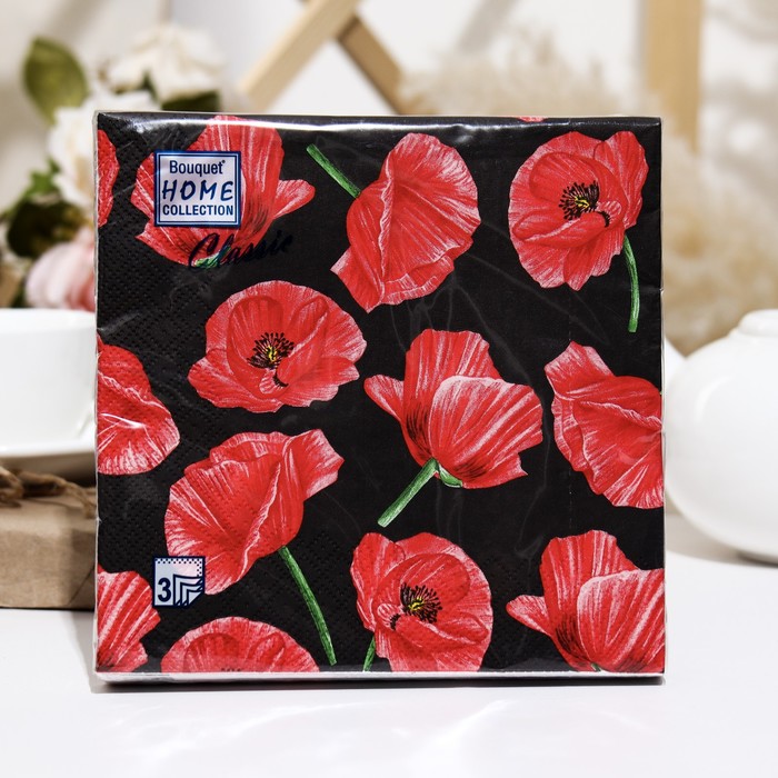 Салфетки бумажные Bouquet Home Collection, Красные маки на черном, 3 слоя,33x33, 20 листов 9526391