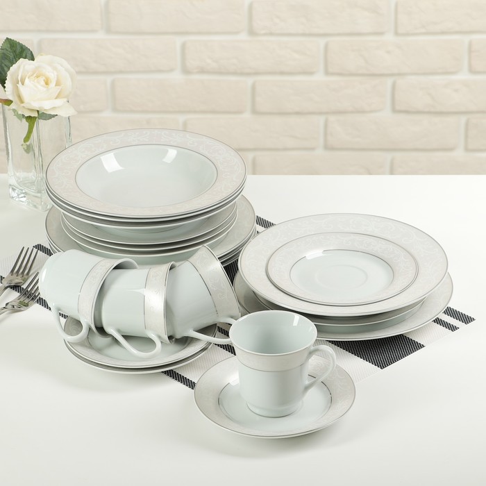 Набор столовый "Миледи", 20 предметов: 4 тарелки 19 см, 4 тарелки 21 см, 4 тарелки 23 см, 4 чашки 180 мл, 4 блюдца