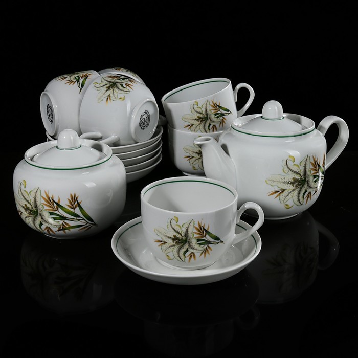 Сервиз чайный "Белая лилия", 14 предметов: 6 чашек 300 мл, 6 блюдец 14 см, чайник 600 мл, сахарница 500 мл