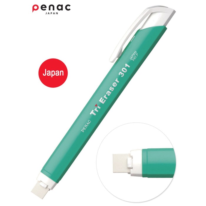 фото Ластик с держателем penac tri eraser, выдвижной, зеленый корпус