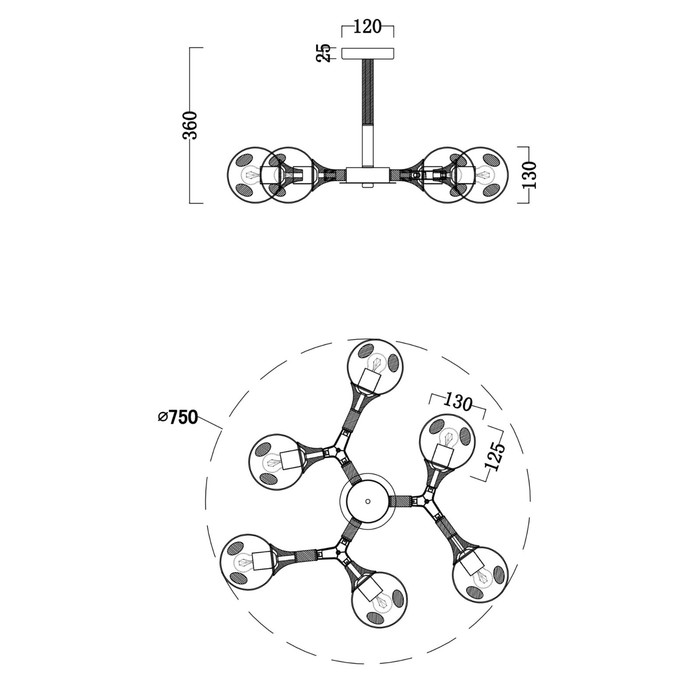 

Потолочный светильник 60Вт, 6хE27, 36x75 см, белый