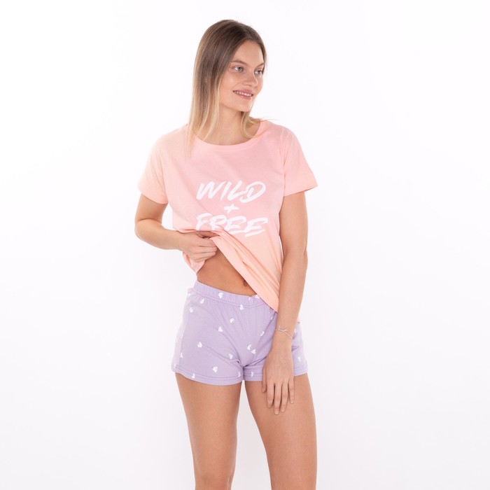 фото Комплект домашний женский wild/free (футболка/шорты), цвет розовый/сиреневый, размер 52 comfort
