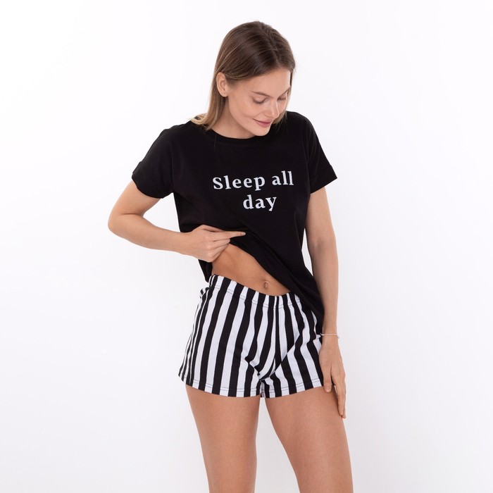 фото Комплект домашний женский "sleep all day" (футболка/шорты), цвет чёрный, размер 48 comfort