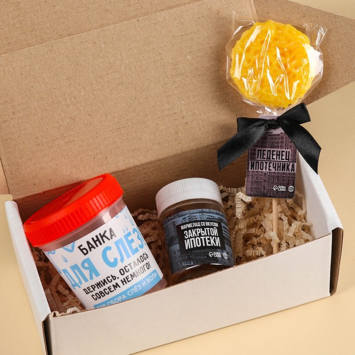 

Минигифтбокс «Поздравляю с ипотекой», леденец со вкусом банана 35 г., мармелад со вкусом колы 50 г., контейнер 120 мл.