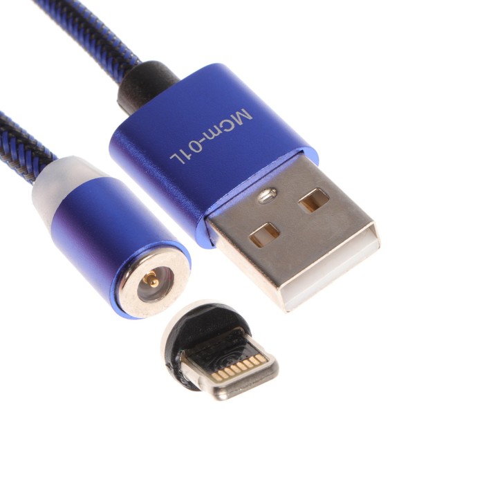 

Кабель Maxvi MCm-01L, Lightning - USB, 2 А, 1 м, магнитный, нейлон, подсветка, синий