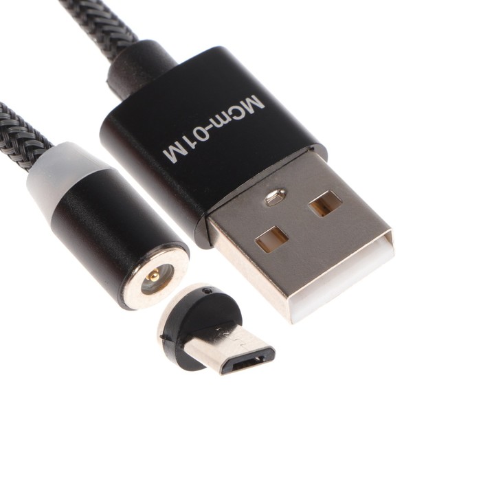 кабель магнитный maxvi microusb 1m 2a mcm 01m blue Кабель Maxvi MCm-01M, microUSB - USB, 2 А, 1 м, магнитный, нейлон, подсветка, черный