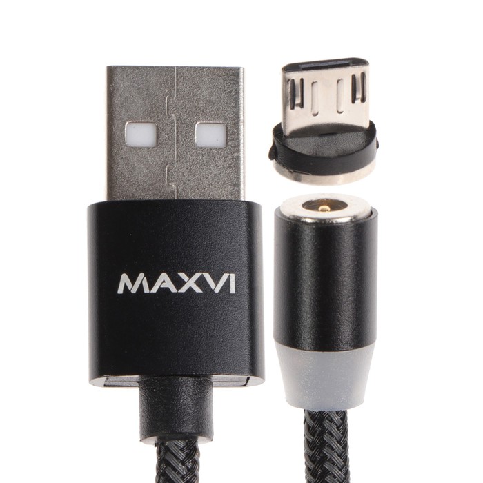 фото Кабель maxvi mcm-01m, microusb - usb, 2 а, 1 м, магнитный, нейлон, подсветка, черный