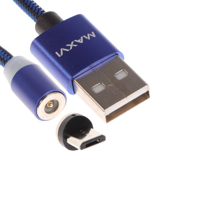 Кабель Maxvi MCm-01M, microUSB - USB, 2 А, 1 м, магнитный, нейлон, подсветка, синий кабель maxvi mcm 01m microusb usb 2 а 1 м магнитный нейлон подсветка черный