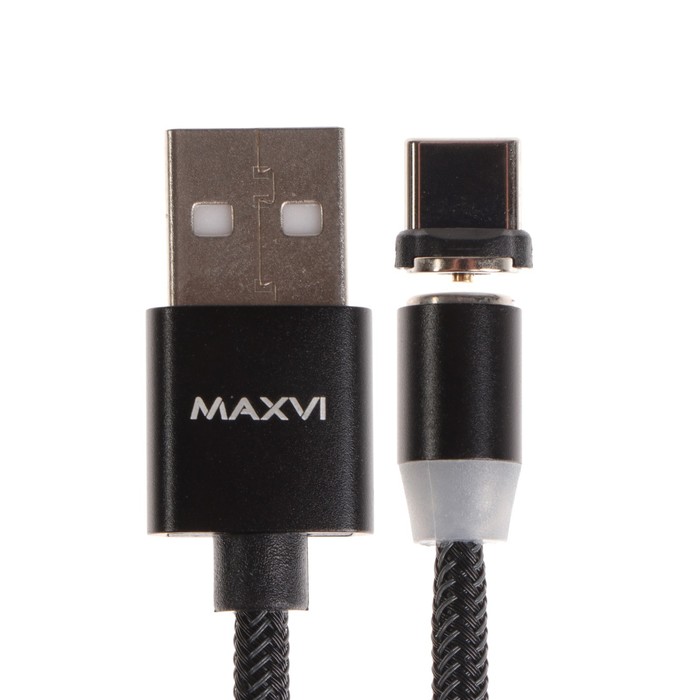 фото Кабель maxvi mcm-01t, type-c - usb, 2 а, 1 м, магнитный, нейлон, подсветка, черный