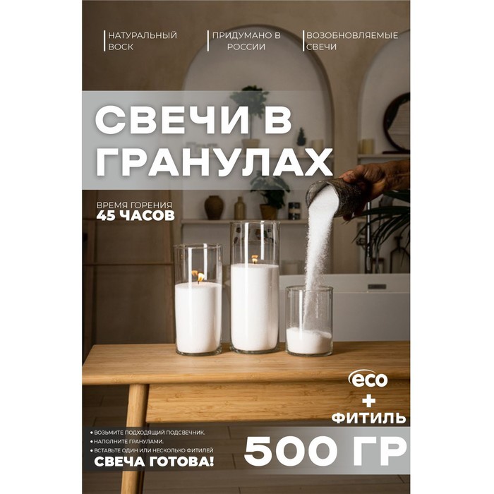 Свеча в гранулах, Белая «RosCandles», 500 г + фитиль