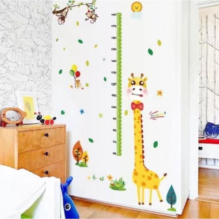 Наклейка пластик интерьерная цветная ростомер Жираф и мартышки 60х90 см