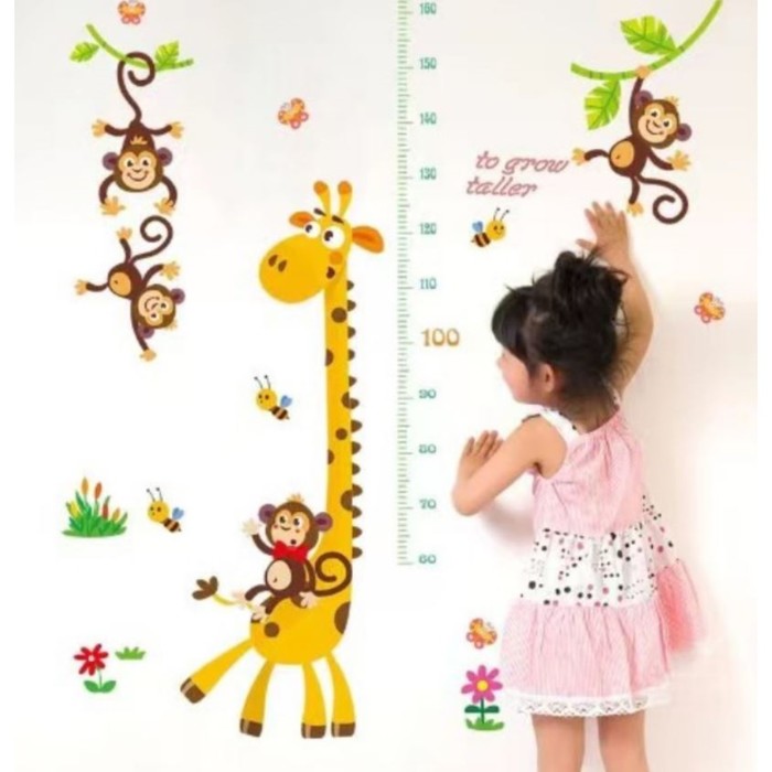 Наклейка пластик интерьерная цветная ростомер Жираф и обезьяны 60х90 см