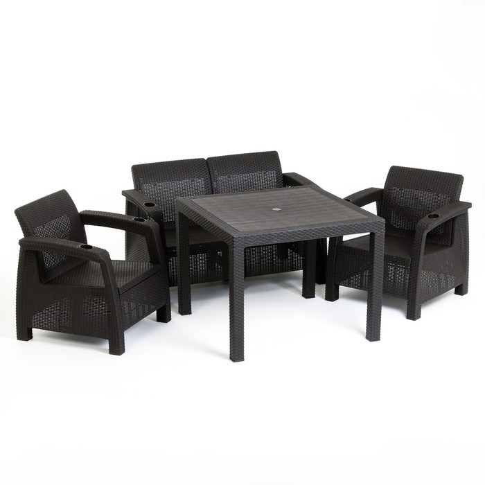Набор садовой мебели Ротанг: диван, два кресла, стол квадратный, коричневого цвета набор садовой мебели для обеда адриан gs008 искусственный ротанг бежевый стол кресла