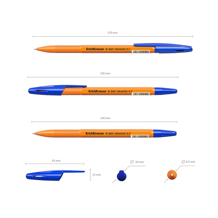 Набор ручекшариковых ErichKrauseR-301OrangeStick, 8 штук, узел 0.7 мм,цветчернилсиний