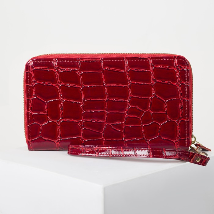 Кошелёк женский на молнии, 4 отдела, отдел для монет, с ремешком, красный скат