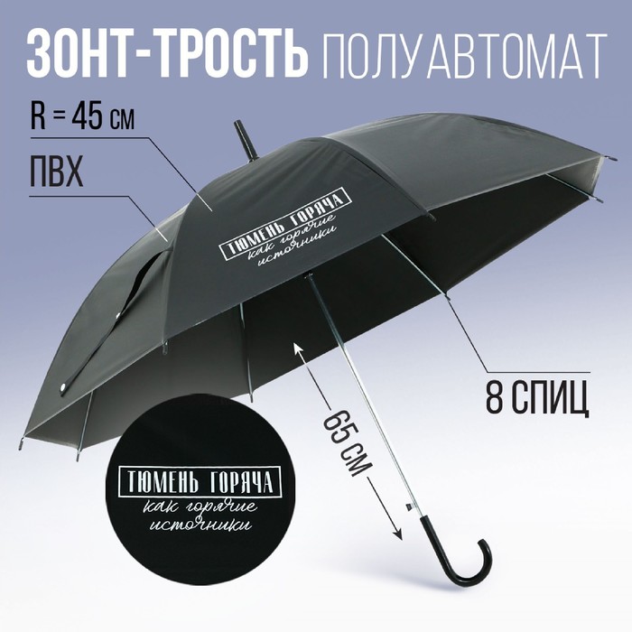 Зонт-трость полуавтомат «Тюмень горяча, как горячие источники», цвет черный, 8 спиц, R = 45 см