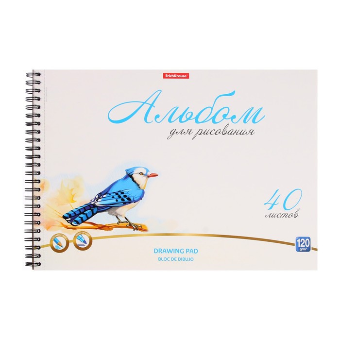 

Альбом для рисования А4, 40 листов, блок 120 г/м², на спирали, Erich Krause "Birds", 100% белизна, перфорация на отрыв, твердая подложка