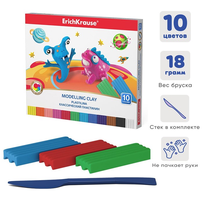 

Пластилин 10 цветов, ErichKrause Cosmic Monsters, премиум, со стеком, 180 г