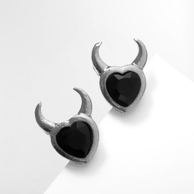 Серьги эмаль «Дьяволёнок» сердце, цвет чёрный в серебре