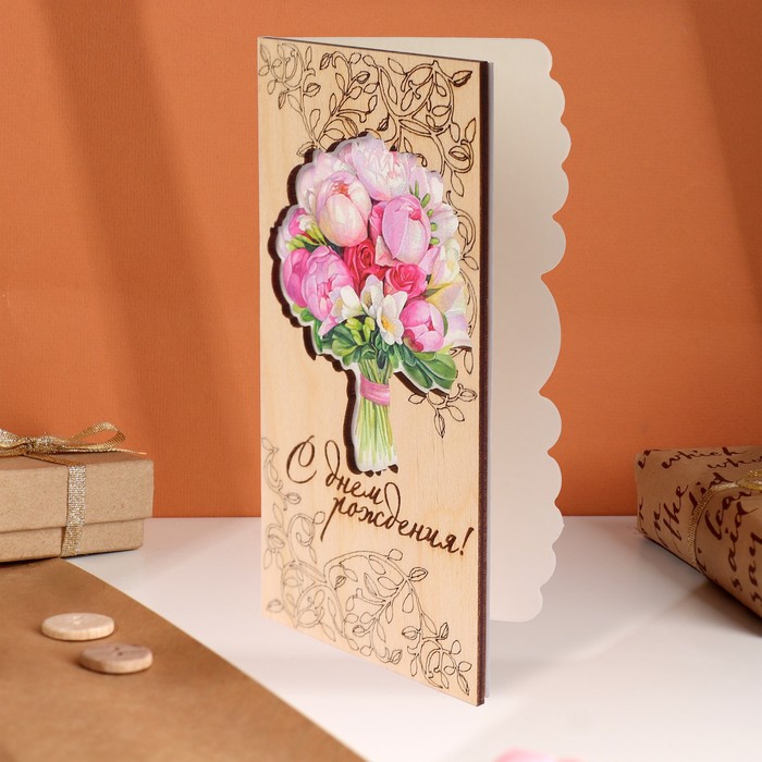 Конверт деревянный резной "С Днем Рождения!" цветы