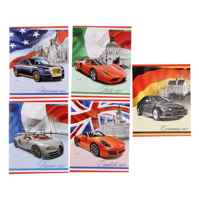 Тетрадь 12 листов косая линейка "Авто разных стран", обложка картон хромэрзац, 5 видов МИКС