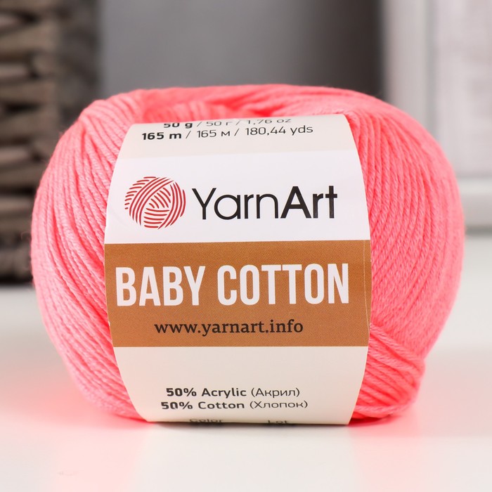 Пряжа Baby cotton 50% акрил 50% хлопок 165м/50гр (424 яр.коралл) пряжа yarnart baby cotton 418 лаванда 5 шт по 50 г