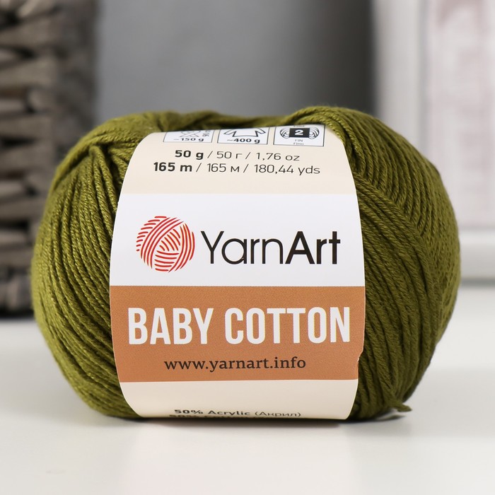 Пряжа Baby cotton 50% акрил 50% хлопок 165м/50гр (443 болотный) пряжа yarnart baby cotton 418 лаванда 5 шт по 50 г