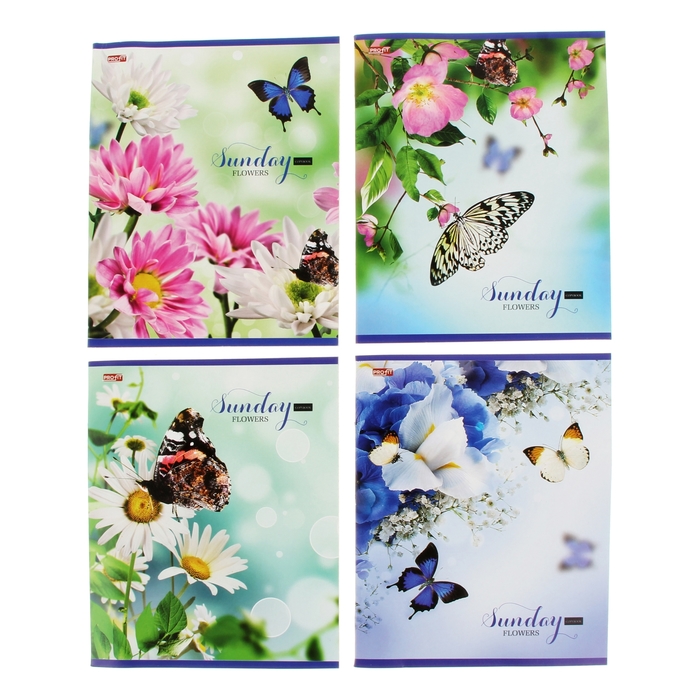 Тетрадь 40 листов клетка "Цветы с бабочками на светлом", обложка картон хромэрзац, 4 вида МИКС