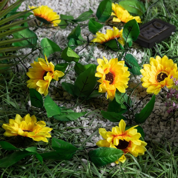 фото Гирлянда uniel «нить» 2.3 м с насадками «подсолнух», ip44, тёмная нить, 25 led, свечение тёплое белое, 2 режима, солнечная батарея