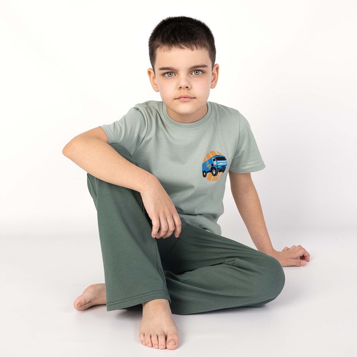 Пижама для мальчика: футболка и брюки «Симпл-димпл», рост 134 см, цвет серый, серо-зелёный пижама лонгслив и брюки симпл димпл для мальчика рост 152 см цвет темно синий бежевый