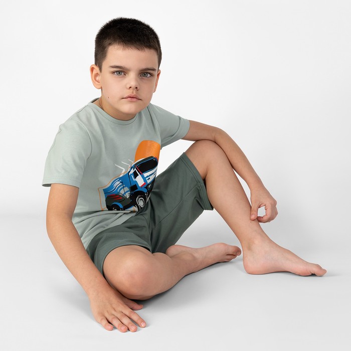 Пижама для мальчика: футболка и шорты «Симпл-димпл», рост 152 см, цвет серый, серо-зелёный пижама лонгслив и брюки симпл димпл для мальчика рост 152 см цвет темно синий бежевый