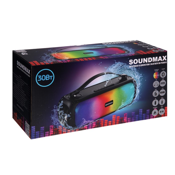 Портативная колонка Soundmax SM-PS5081B, 45Вт, 3600мАч, FM, BT, USB, TWS, подсветка, черная