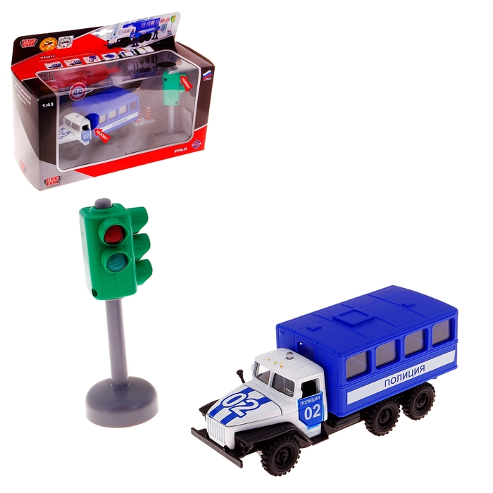 Машина металлическая "УРАЛ Полиция", масштаб 1:43, со светофором, дорожными знаками и фигурками