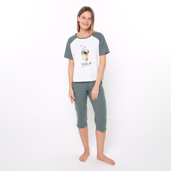 Комплект женский «Wake up» (футболка/бриджи), цвет серо-зелёный, размер 46