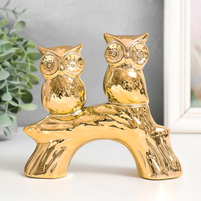 Сувенир керамика Два филина на коряге золото 15х4,5х13,3 см