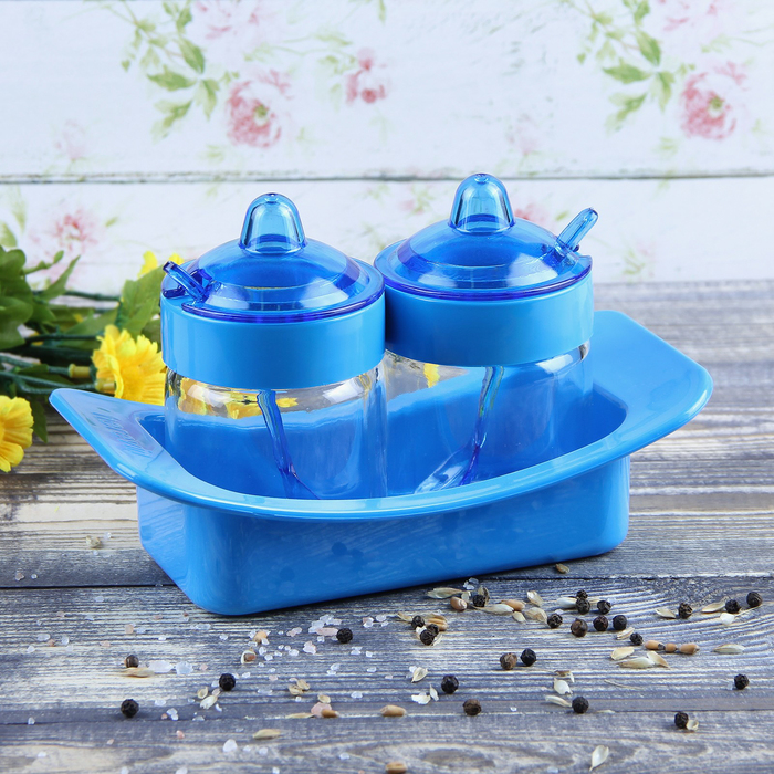 Набор банок для специй с ложками 200 мл "Венеция", цвет голубой