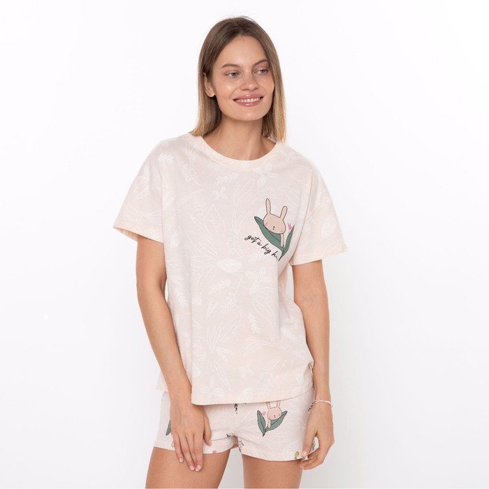 Комплект женский домашний (футболка/шорты), цвет бежевый, размер 52