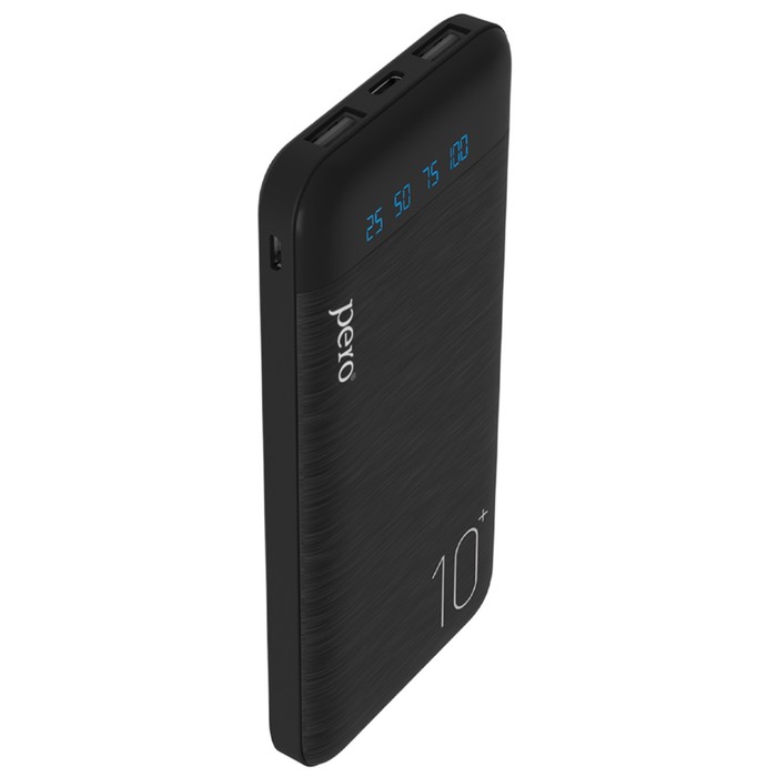 

Внешний аккумулятор PERO PB03, 10000 мАч, 2 USB, 2.1 А, индикатор, черный