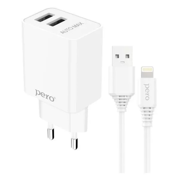 

Сетевое зарядное устройство PERO TC02, 2 USB, 2.1 А, кабель Lightning, белое