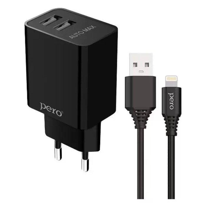 Сетевое зарядное устройство PERO TC02, 2 USB, 2.1 А, кабель Lightning, черное сетевое зарядное устройство pero tc02 2 usb 2 1 а кабель microusb черное