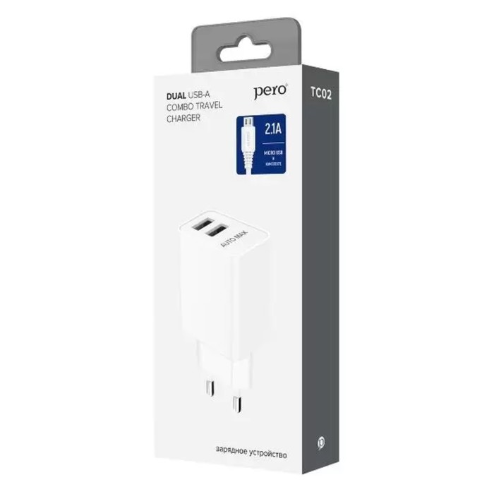 фото Сетевое зарядное устройство pero tc02, 2 usb, 2.1 а, кабель microusb, белое