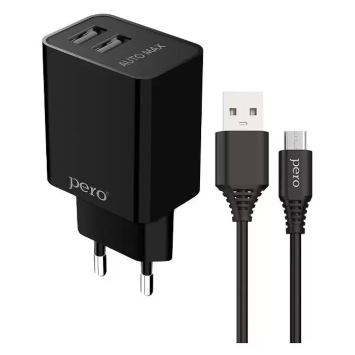 Сетевое зарядное устройство PERO TC02, 2 USB, 2.1 А, кабель microUSB, черное