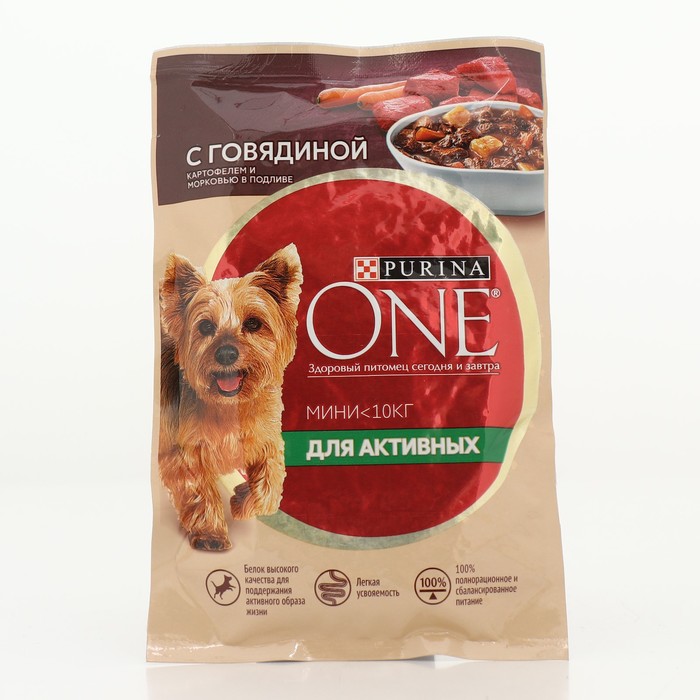 Влажный корм Purina One mini для активных собак, говядина/картофель в подливе, 85 г